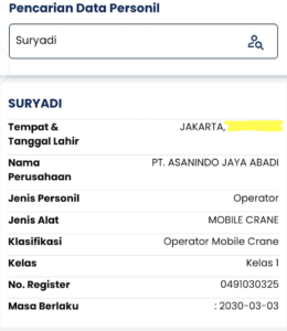 Verifikasi SIO operator SILO crane vendor sebelum menyewa crane Jakarta