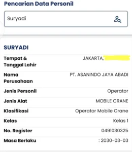 Verifikasi SIO operator crane aplikasi Teman K3 Kemnaker smartphone 2 menit sebelum deal